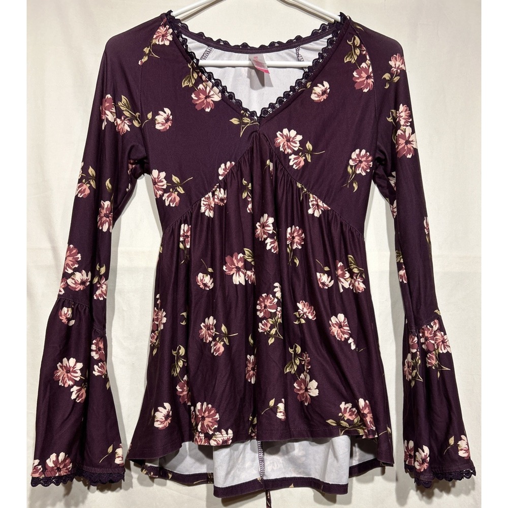 Y2K Purple Lace Floral Top Babydoll Long Bell Sleeves Sz S String Back Tie